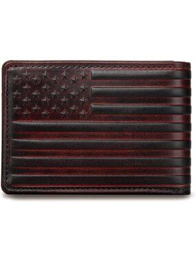 Men's Bifold Leather Wallet with RFID Blocking, 12 Card Slots, USA Flag Design